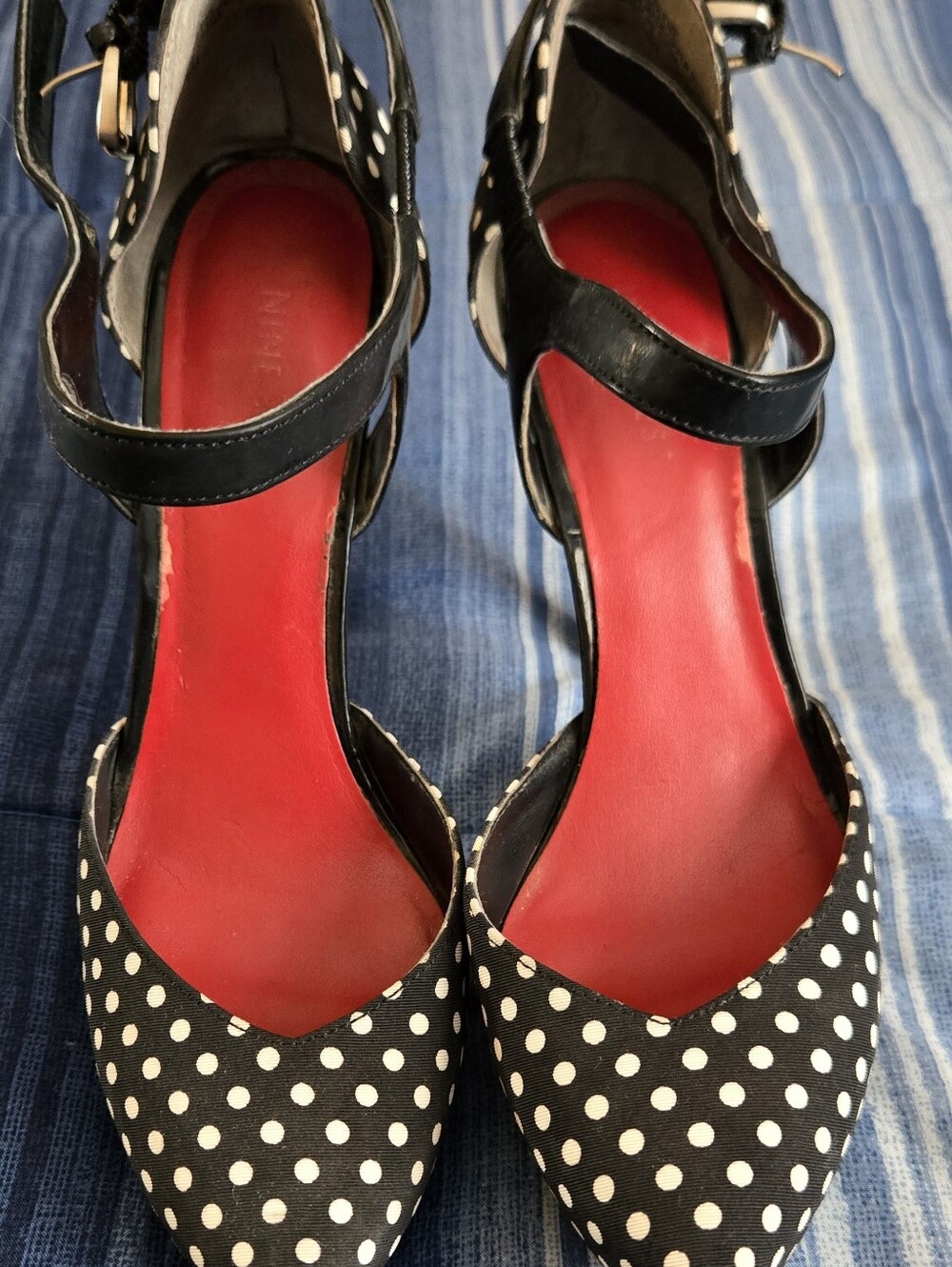 Women’s Nine West Black Polka Dot Ankle-Strap Pointed Flats with Red Insole